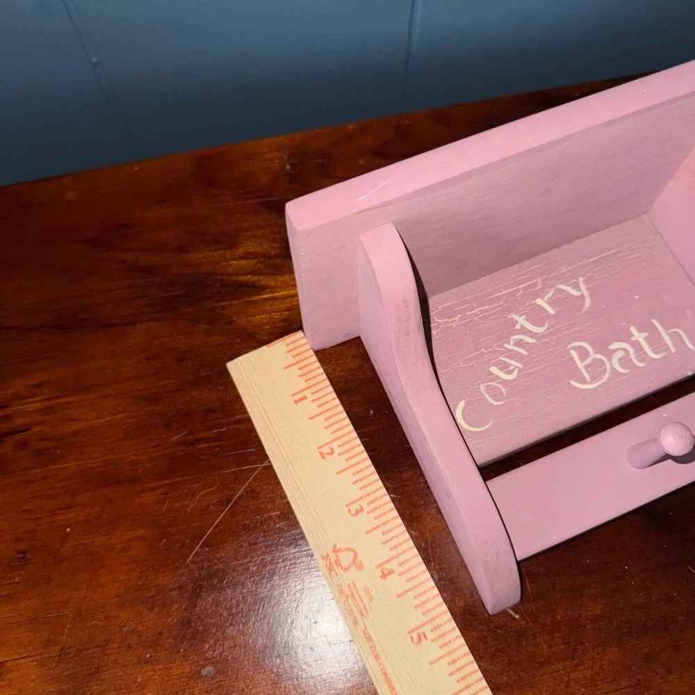 Vintage Cottagecore Pink Wood Wall Shelf Country Bath Peg Hook Shabby Chic Small
